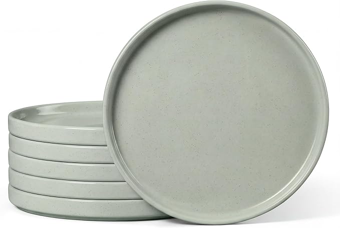 E-far Dinner Plates Set of 6, 10.5 Inch Stoneware Dinner Plate with Raised Edges, Chip & Scratch Resistant | Microwave & Dishwasher Safe Modern Ceramic Dishes for Dessert Salad, Speckled Green
