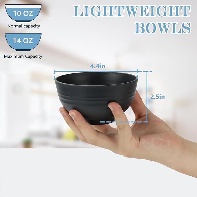 PYRMONT Unbreakable 10 OZ Bowls Wheat Straw Bowls Set of 8 Alternative Plastic Bowls Reusable Dishwasher & Microwave Safe Small Bowls for Kitchen,Camping,Small Ice Cream Bowls for Party-Black