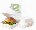 Disposable Burger Paper Clam Shell 100pcs 6" X 6" X 3" Takeaway Container with Flip Lid, Microwave/Frozen Food Grade sugarcane bagasse material, Served In Burger Cakes, Sandwiches, Desserts, Salads,