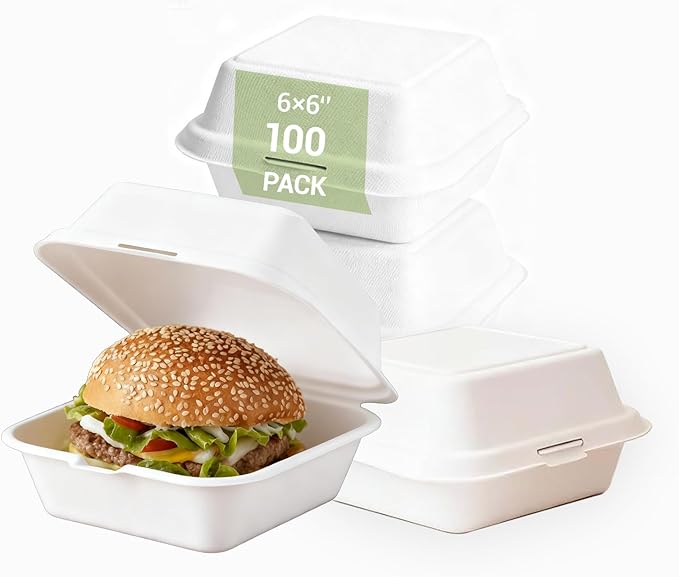 Disposable Burger Paper Clam Shell 100pcs 6" X 6" X 3" Takeaway Container with Flip Lid, Microwave/Frozen Food Grade sugarcane bagasse material, Served In Burger Cakes, Sandwiches, Desserts, Salads,