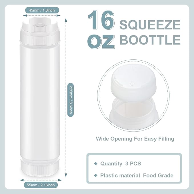 Sabary 3 Pcs 16 oz Inverted Plastic Squeeze Bottles, Refillable Tip Large Valve Dispenser Condiment Squeeze Bottle for Sauces Ketchup Sour Cream Self Sealing Syrup Dispenser for Restaurants (White)