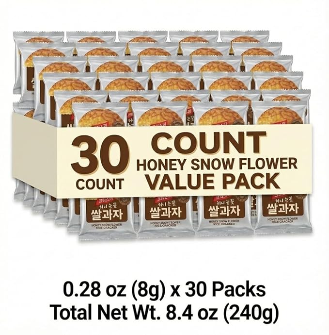 Korean Sweet & Crispy Honey Snow Flower Rice Crackers, Light Korean Snack, Individually Wrapped (Honey Rice Cracker - 8.5oz (240g))