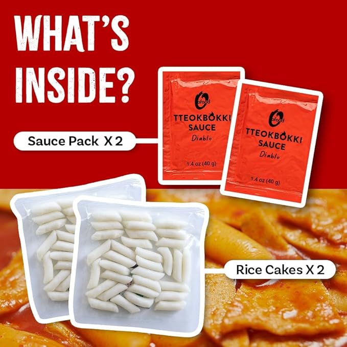 O’Food Tteokbokki Korean Rice Cakes – [BBQ | Pack of 1] – Healthy/Savory/Bold/Fiery, 0 Cholesterol/ 0 Trans Fat/No MSG/No Corn Syrup, Spicy Street Snack, Ready in Minutes