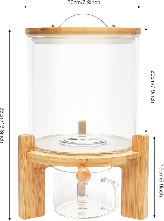 5L Glass Rice Dispenser with Wooden Stand, 1.32 Gal Flour Storage Container, Grain Storage-Bucket Tabletop Cereal Containers w/Manual Venting Valve,Thermometer, Lid, Measuring Cup ﻿ (5L, 1.32Gal)