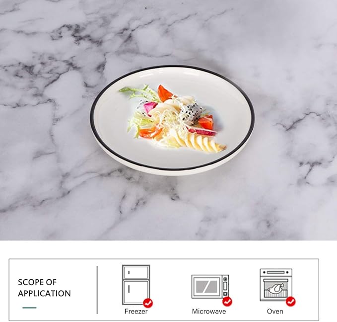 6-inch Small Porcelain Appetizer Plates, White with Black Edges Dinner Side Dishes Serving Plate, Dessert, Salad, Snacks Plate, Set of 6