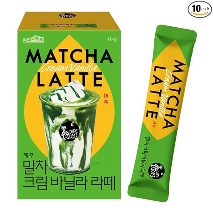 ROASTIQUE Official Café Mori Jeju Matcha Latte, 10 Sticks, 90 Calories, Ceremonial Grade Green Tea Powder Sweetened Café Quality Drink Mix, Cream Vanilla, 7 oz