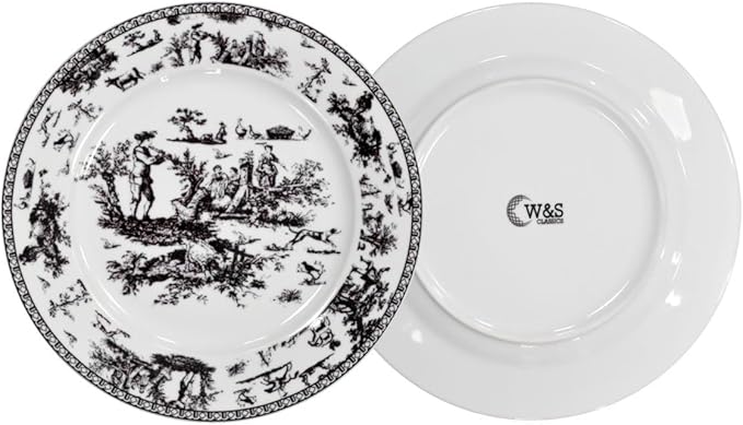 W&S CLASSICS Classic French Luxury Round Dinner Plates | 10.5 Inches Colorful Ceramic Flat Plates – Set of 6| Large Serving Plates for Party | Dishes for Appetizer, Salad, Desert, Steak (Black)