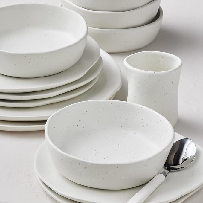 Stone by Mercer Project HEKONDA Modern Debossed Stoneware 16-Piece Dinnerware Set, Plate and Bowl Set, Dish Set for 4, White Speckled