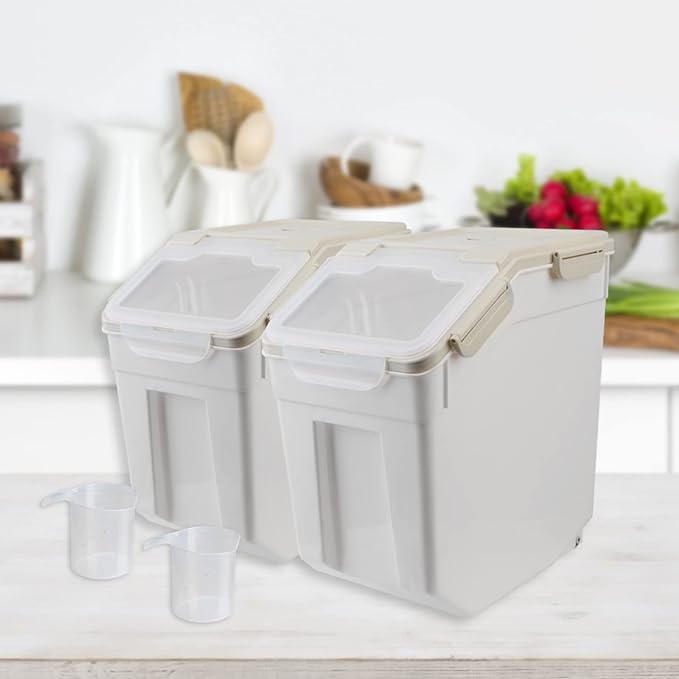 AnRui Airtight Flour Storage Container 25lb, Plastic Grain Storage Bucket, Rice Cereal Dispenser Organizer Box with Lid, Cat Dog Food Storage Bin with Measuring Cup, Scoop, Wheels, 2Pcs Grey