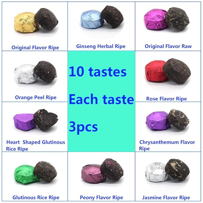 LWXLJMJZC－Ripe Puerh Tea Mini Cake 30pcs(10 Tastes*3pcs) |Yunnan Pu-erh Tea |Rice Balls (Cook&uncook) Pu'erh Tea | Mini Tuo Cha Black Tea