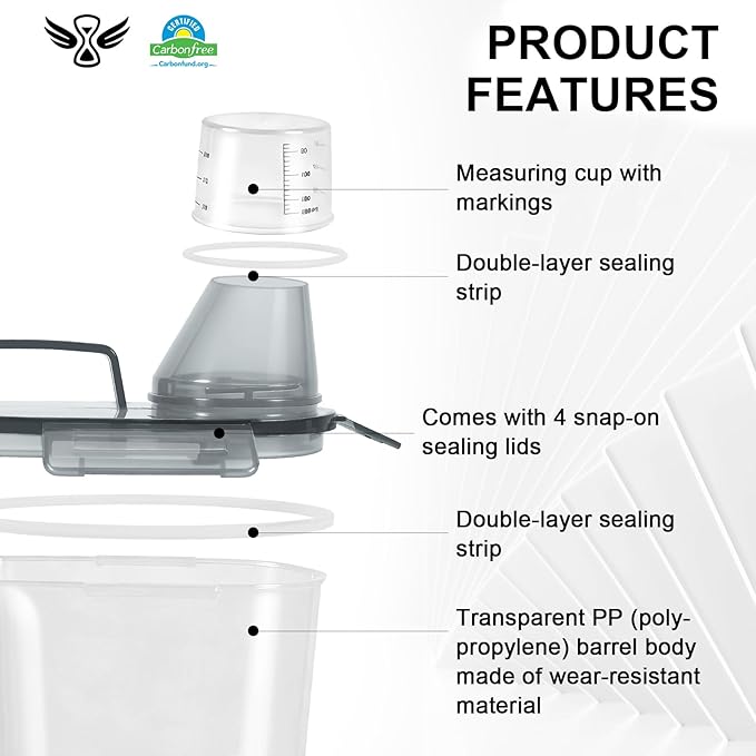 LEAWALK Airtight Rice Storage Container, 3-5Lbs Cereal Dry Food Flour Bin, Pet Dog Cat Food Dispenser with Measuring Cup, BPA Free Plastic Kitchen and Pantry Organization Bin for Sugar-Clear Grey
