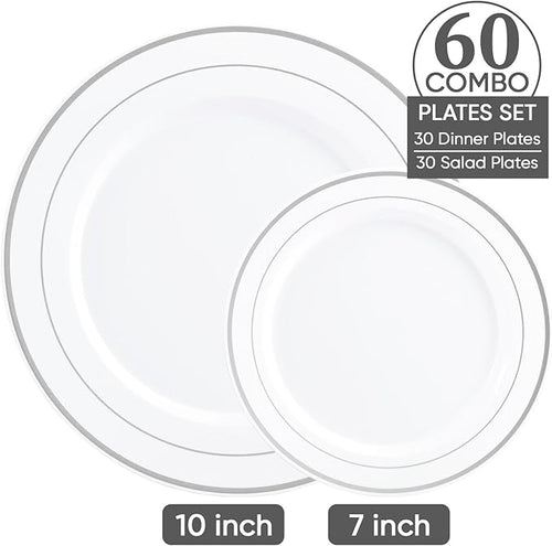 FOCUSLINE Silver Plastic Plates Set of 60, Disposable Plates with Silver Rim 30 Dinner Plates 10" and 30 Salad Dessert Appetizer Plate 7", Elegant Fancy Heavy Duty Wedding Party Plates