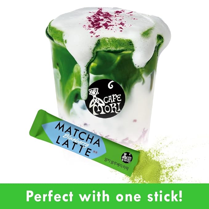 ROASTIQUE Official Café Mori Jeju Matcha Latte, 10 Sticks, 90 Calories, Ceremonial Grade Green Tea Powder Sweetened Café Quality Drink Mix, Blueberry, 7 oz