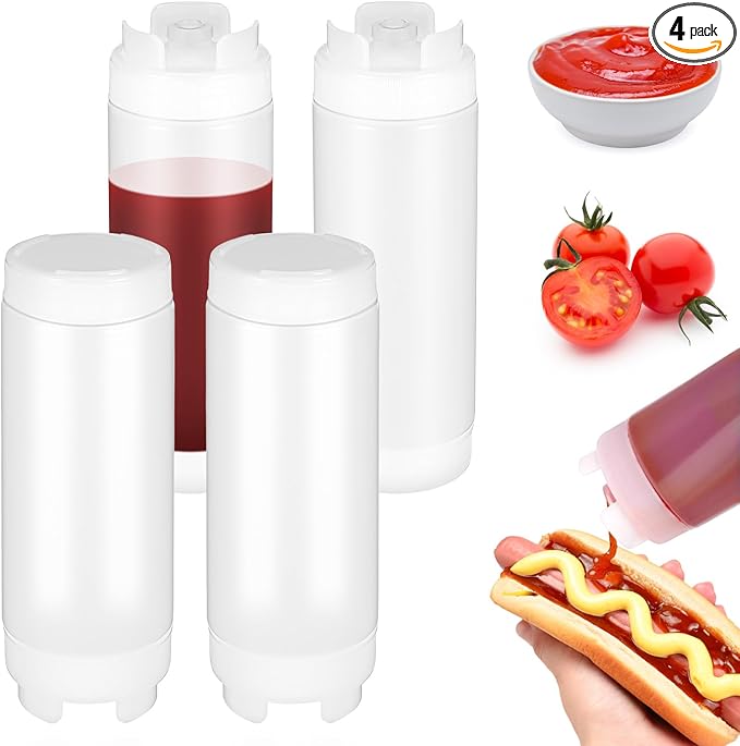 4 Pcs Kitchen Squeeze Bottle, 32 Oz Drizzle Bottle for Sauces & Dressings, No Drip Self-Sealing Mayonnaise Squeeze Bottles, Inverted Refillable Condiment Dispenser for Restaurant, White