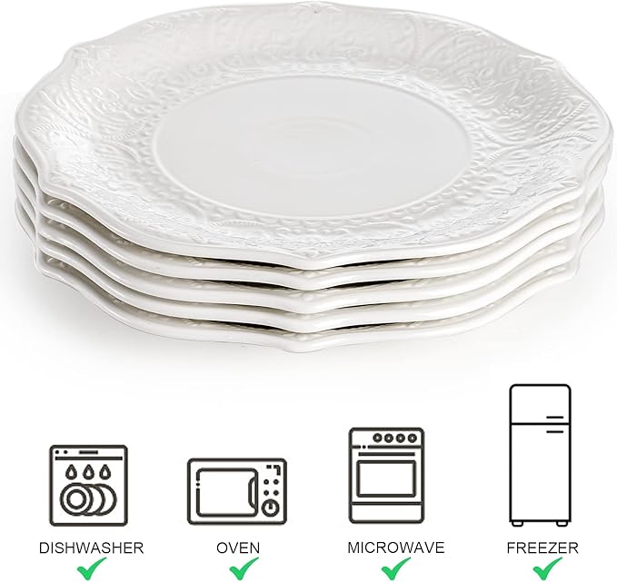SOUJOY Set of 6 Porcelain Dinner Plate, 10.5'' White Dinner Dish, Embossed Printing Dinnerware Plate for Dinner, Restaurant, Family Party and Kitchen, Microwave, Dishwasher Safe