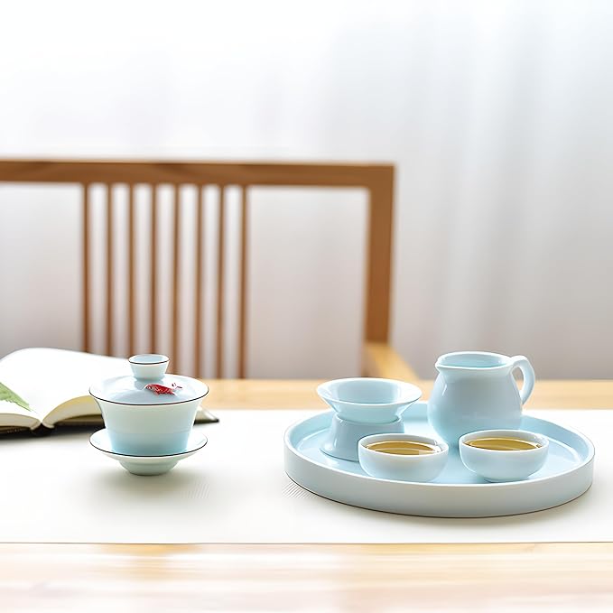 Yixing Handmade Celadon Colorful Koi Fish Gaiwan,Chinese Gongfu Tea Cup,Japanese Teacup, Tea Bowl with Lid and Saucer(Gaiwan)