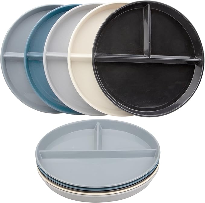 5Pcs Divided Plates, 9 Inch Portion Control Plate Set, Dinner Plates for Adults with 3 Compartments Suitable, Dishwasher and Microwave Safe