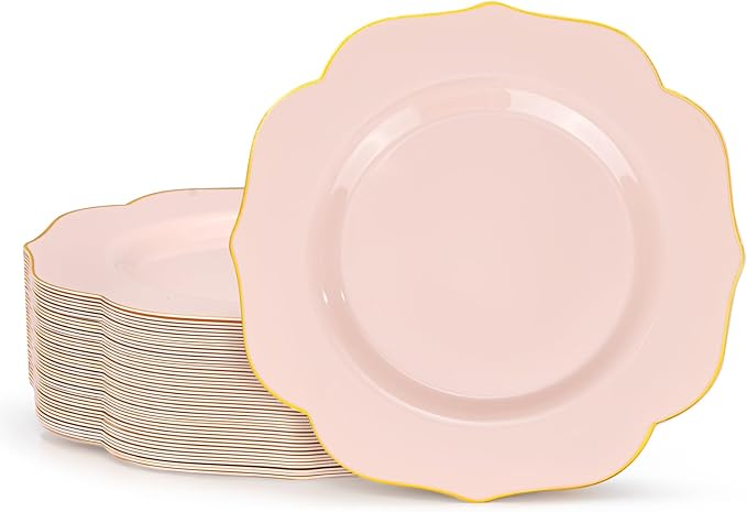bUCLA 48Pieces Pink Plastic Dessert Plates - 7.5inch Premium Hard Pink with Gold Rim Small Cake/Salad/Appetizer Plates Disposable for Wedding, Party, Shower & Easter