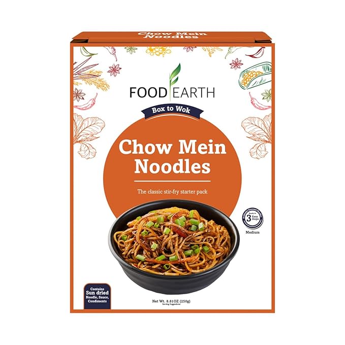 Food Earth Chow Mein Noodles 250g – Authentic Stir-Fry for Asian Cooking | Non-Sticky Wok-Ready Noodles for Chow Mein, Lo Mein, Hakka & Stir-Fry Dishes | Pack of 1