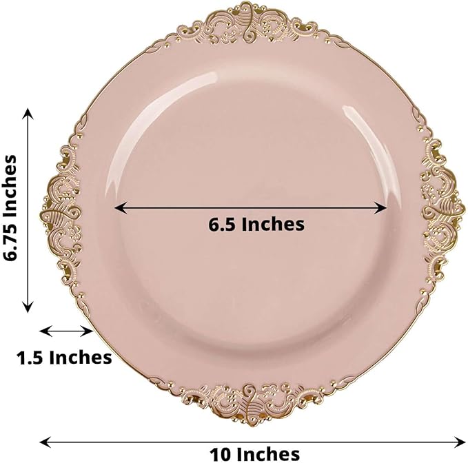 Efavormart 10 Pack | 10" Blush Rose and Gold Baroque Dinner Plates, Leaf Embossed Metallic Rim Heavy Duty Serving Plates for Boutique Weddings