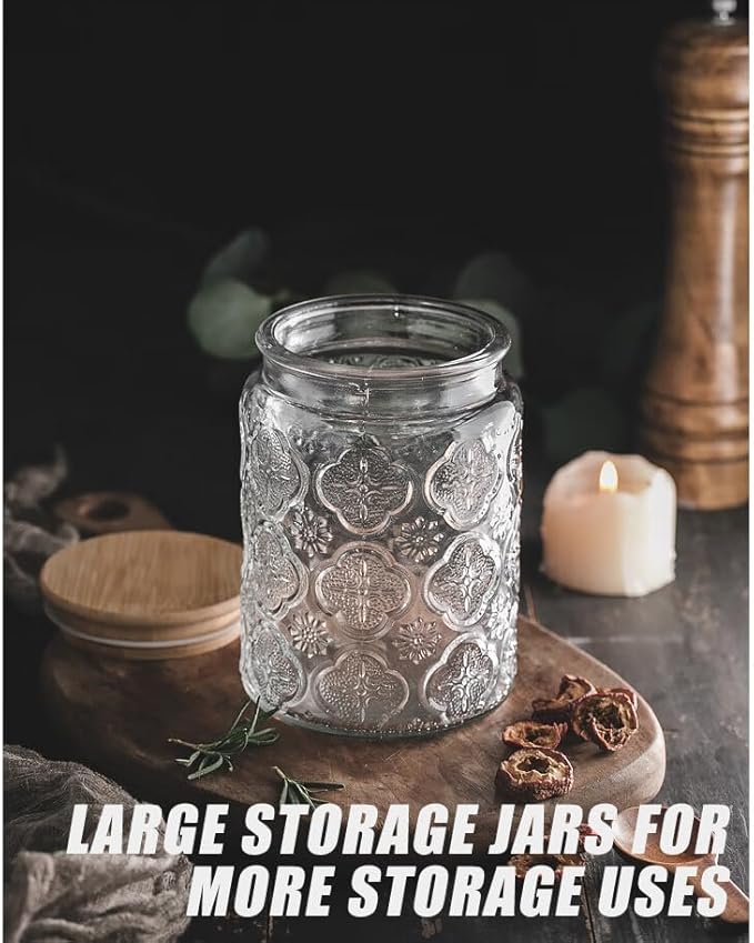 BEWAVE Vintage Glass Jar, 24oz Food Storage Containers Clear Mason Jars With Airtight Lid for Kitchen Counter,Coffee, Tea, Sugar, Candy, 2 Pack