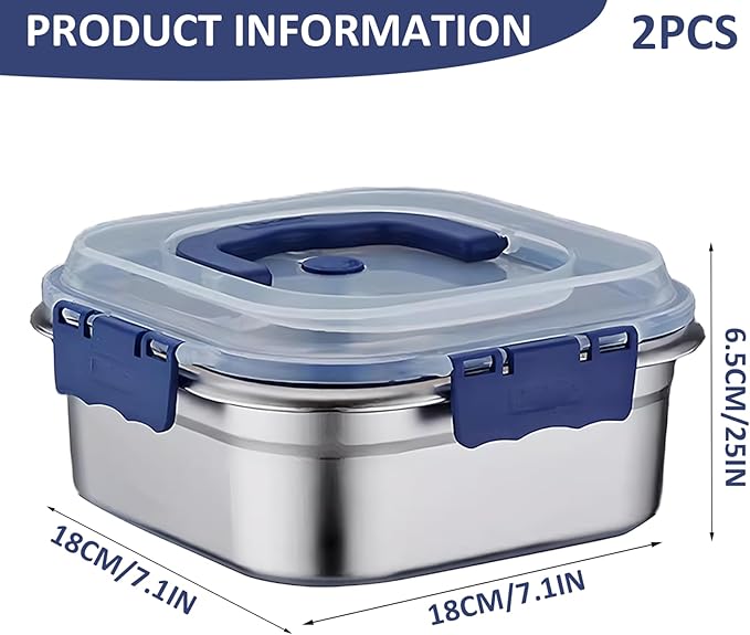 2PCS Kimchi Containers, 1.8L Stainless Steel Airtight Containers with Lids & Handle & Buckle Oven Safe for Roasting, Brining, Meal Prep, Storing