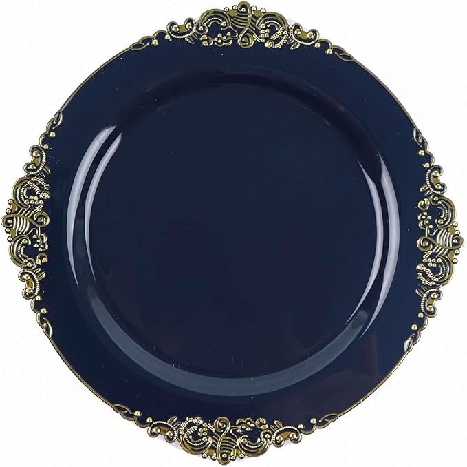 Efavormart 10 Pack | 10" Navy Blue and Gold Baroque Dinner Plates, Leaf Embossed Metallic Rim Heavy Duty Serving Plates for Nautical Receptions