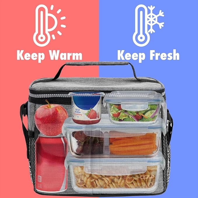 opux Insulated Lunch Box for Men Women Kids, Leakproof Reusable Lunch Bag Cooler for Work School Office, Soft Thermal Lunchbox Tote with Shoulder Strap for Boys Girls Adults, Heather Gray, 14 Can/8L