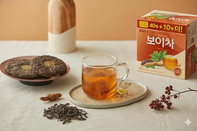 Damtuh Korean Pu-erh Tea – Aged & Smooth Dark Tea, Full-Bodied Earthy Flavor – 50 Tea Bags (0.7g each)