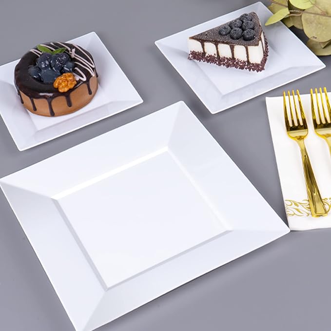 Goodluck 60 Pack Disposable Square Plastic Plates - Heavy Duty Dinner (9.5") & Dessert (6.5") Plates - Fancy for Wedding, Holiday, Birthday - White