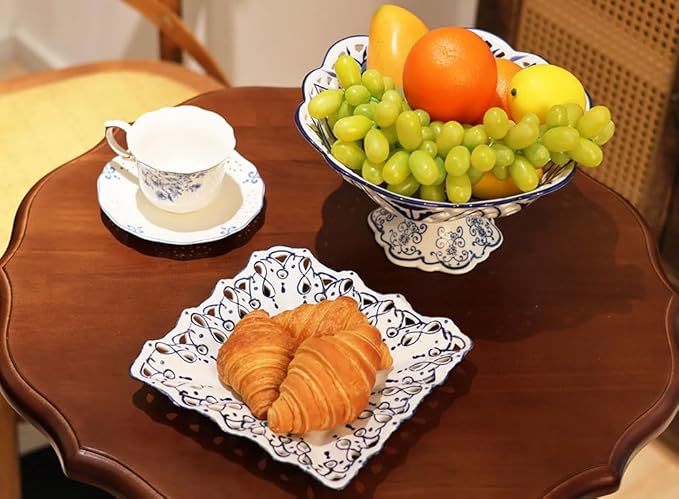 Aimusego Vintage Square Salad Plates, Handmade Decorative Ceramic Dessert Plates for Bread, Butter, Appetizer, Serving Dishes, Trays & Platters, Dishwasher Safe (Square Floral，10‘’)