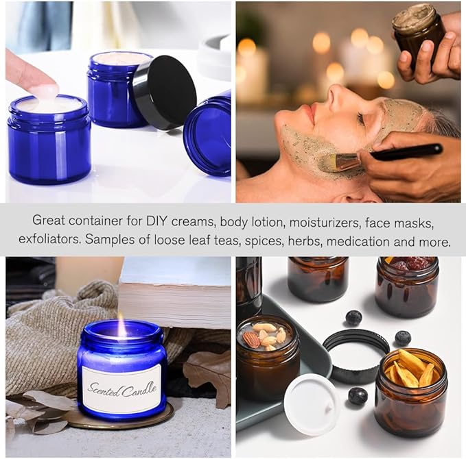 Small Glass Containers with Lids, Tecohouse 4 oz Glass Jars with Black Lids & Inner Liners,Blue and Amber Mini Travel Toiletries Container for Slime, Makeup, Cream, Lotion, Cosmetic - 2 Pack