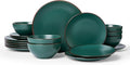 Famiware Venus Plates and Bowls Sets with Trim, 18 Pieces Speckled Stoneware Dinnerware Set for 6, Matte Dark Green - Modern Minimalist, Microwave & Dishwasher Safe Dishes for Everyday & Formal Dining