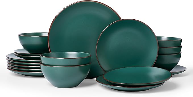 Famiware Venus Plates and Bowls Sets with Trim, 18 Pieces Speckled Stoneware Dinnerware Set for 6, Matte Dark Green - Modern Minimalist, Microwave & Dishwasher Safe Dishes for Everyday & Formal Dining