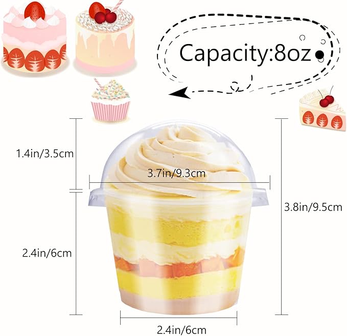 Alaeseje 50 Pack 8oz Disposable Clear Plastic Cups with Dome Lids(Hole in the Lid),PET Dessert Cups,Disposable Snack Bowls for Ice Cream,Cake,Fruit,Parfait, Pudding and Jello Shot