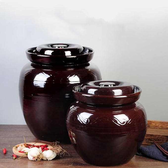 Ceramic Pickle Crock with Lids,Kimchi Containers, Fermentation Jar, Fermentation Jars Ceramic Pots, Sealed Fermentation Jars with Lids, Sauerkraut Crock -Brown||11L
