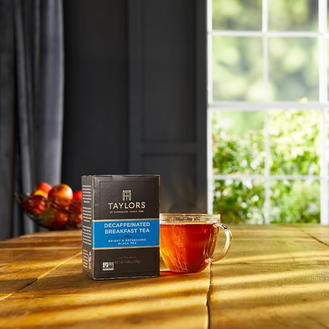 Taylors of Harrogate Decaffeinated Breakfast, Black Tea, Pillow Bags, 50 Count, (Pack of 1) Rich, Bright & Balanced, Decaffeinated, Enjoy Hot or Iced, 50 Teabags