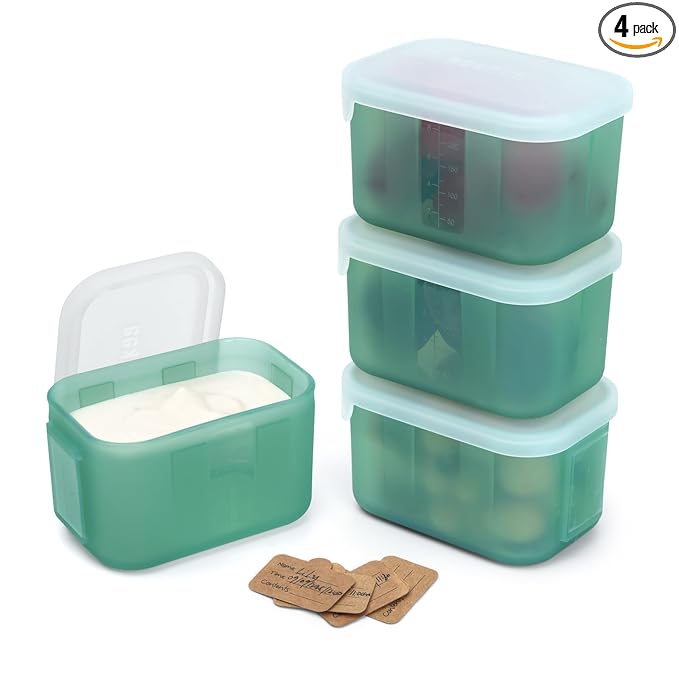 haakaa Mini Meal Silicone Storage Containers,8 oz Silicone Baby Food Containers with Airtight Lids,Reusable Baby Food Jars for Purees, Fruits & Snacks-Microwave & Dishwasher Safe,4 Pack, Pea Green