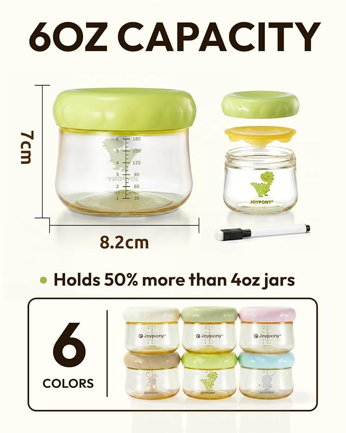 Joypony PPSU Baby Food Containers, 6oz Leakproof Baby Food Jars with Lids, Freezer Safe & Microwave Safe, Reusable Portion Plastic Food Storage Containers, Baby Puree, Toddler Snacks, BPA-Free, 6 Pack