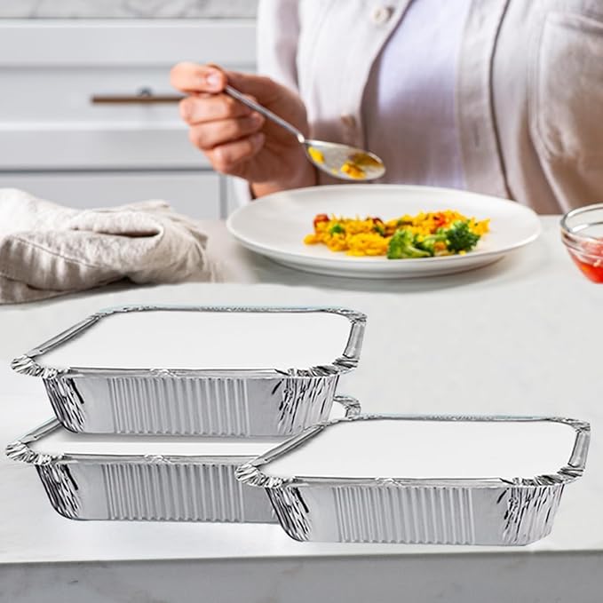 25 Pack Disposable Aluminum Pans with Lids, 2.25LB Capacity Tin Foil Pans, 8.5”x 6" Takeout Pans for Cooking, Baking, Heating, Storing