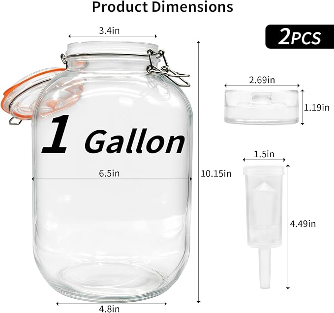 2 Pack Fermentation Jars with Weights & Airlocks, 1 Gallon Wide Mouth Kimchi Containers Pickle Jar Fermenting Jar Kit for Kombucha, Sauerkraut, Kimchi and Pickles