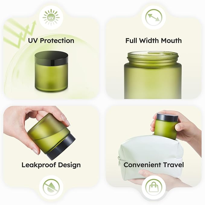 4 oz Small Glass Jars with Lids, Tecohouse Green Glass Jars with Black Lids & Inner Liners, Mini Travel Sample Containers for Slime, Makeup, Cream, Lotion, Cosmetic - 2 Pack