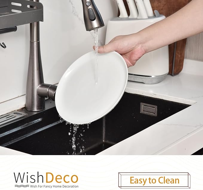 WishDeco White Dinner Plates Set of 6, Porcelain Salad Plates 9 Inch, Modern Kitchen Plate, Round Serving Dishes, Microwave and Dishwasher Safe, Scratch Resistant, Smooth Glaze