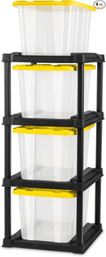 Sterilite 4 Tier Tote Rack, Vertical Plastic Organizer with 4 Pack 27 Gallon Industrial Storage Totes, Clear - for Garages, Workshops, or Basements