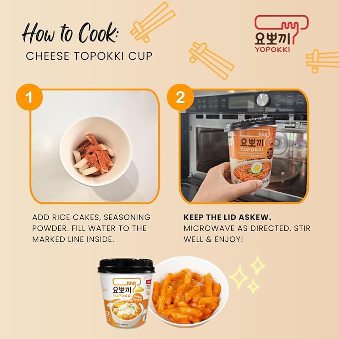 Yopokki Instant Tteokbokki Rice Cakes Korean, Cheese Topokki Cup - Great with Cheese and Ramen Toppings, Korean Snacks for College Dorm, Korean Street Food Quick & Easy to Prepare, Pack of 2