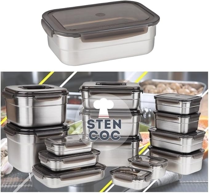 STENCOC Stainless Steel BPA Free Rectangular Leakproof Airtight Kimchi/Pickle/Salad/Fruit/Food Storage Container Saver (1.5L / 51oz / 8.3") Half-Transparent Lid Stackable
