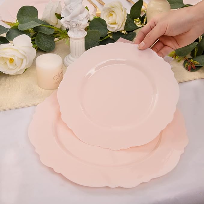 WDF 60pcs Pink Plastic Plates - Baroque Pink Disposable Plates Including 30 Dinner Plates 10.25inch, 30 Dessert Plates 7.5inch for Upscale Wedding/Baby Shower/Spring