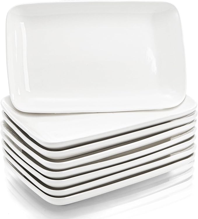 Foraineam 8 Pieces Rectangular Plates 8 Inch Porcelain Platters, Dessert, Appetizer, Salad Plates White Serving Trays