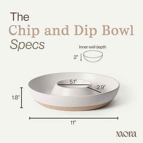MORA Ceramic Chips and Dip Serving Tray: Large Divided Party Bowl Set for Chips & Salsa, Veggies & Dip, Fruit, Snacks, Entertaining, Hosting, etc. Minimalist Design for the Modern Hostess - Oat