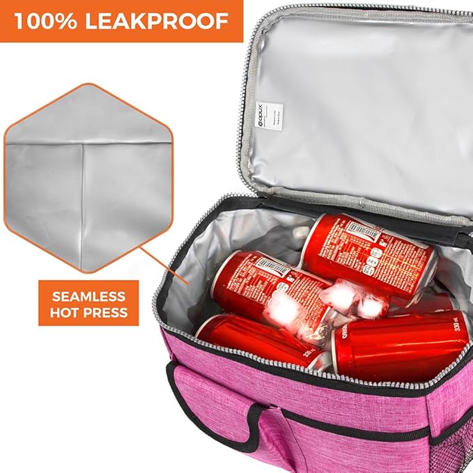 opux Insulated Lunch Box for Men Women Kids, Leakproof Reusable Lunch Bag Cooler for Work School Office, Soft Thermal Lunchbox Tote with Shoulder Strap for Boys Girls Adults, Heather Pink, 14 Can/8L